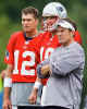 New England Patriots coach Bill Belichick, right, stands with quarterbacks Tom Brady, left, and Damon Huard, center, during practice Saturday, July 27, 2002, at Bryant College in Smithfield, R.I. (AP Photo/Michael Dwyer) 