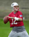 New England Patriots quarterback Tom Brady looks to make a pass during drills at minicamp at CMGI field in Foxboro, Mass. on Thursday June 6, 2002. (AP Photo/Jon Mahoney) 