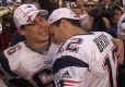 Tom is overwhelmed as he hugs long snapper Lonie Paxton (#66) after the Patriots AFC Championship-winning victory over the Pittsburgh Steelers